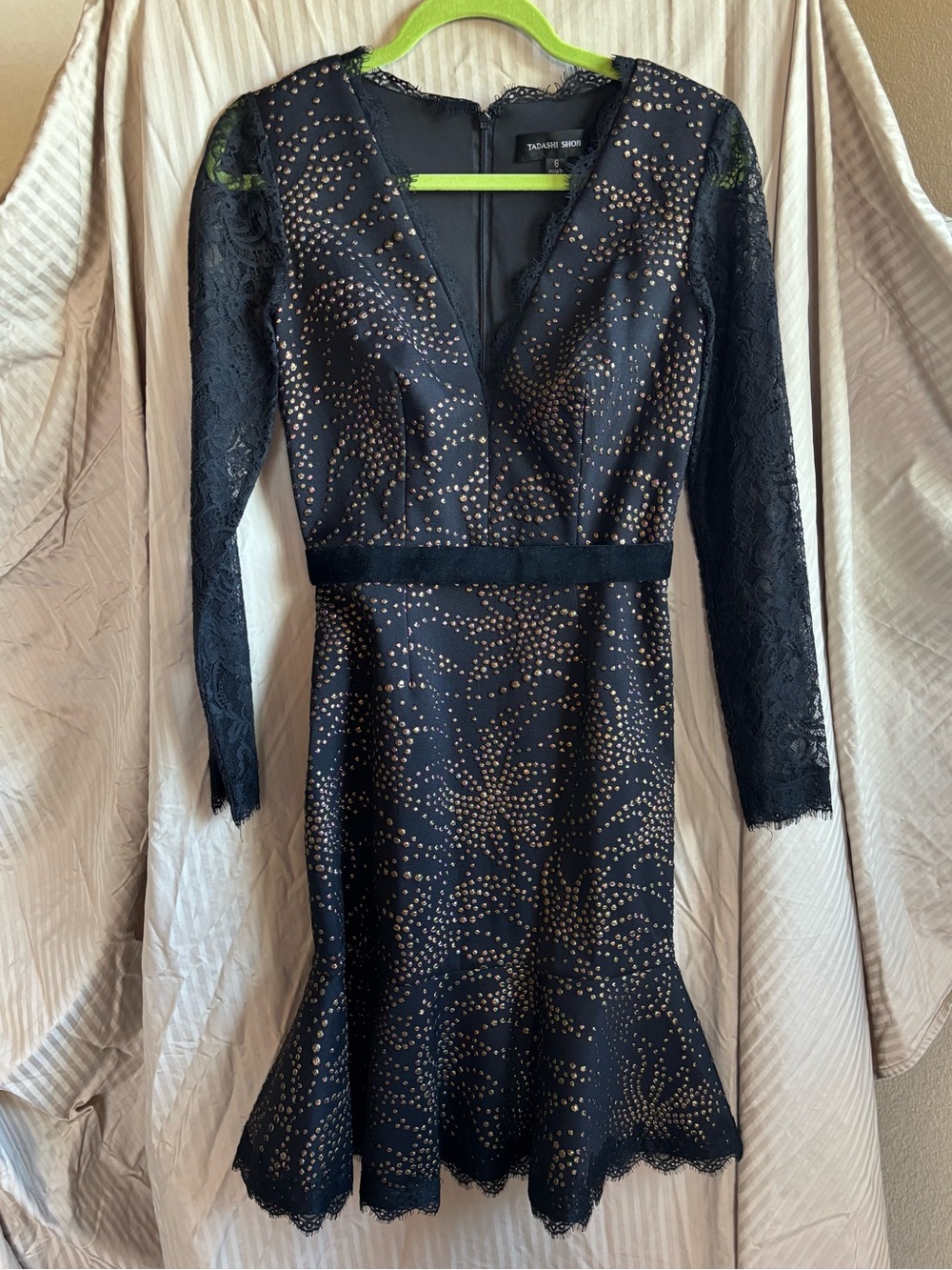 Tadashi Shoji Black Lace Midi Dress with Gold Dot Pattern